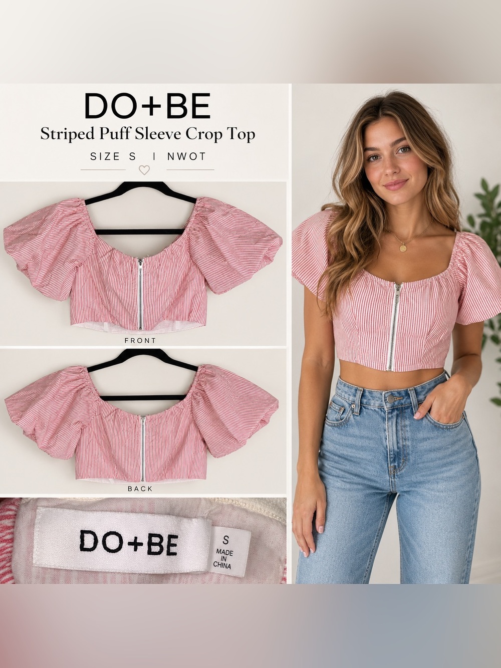 DO+BE Rose-Striped Puff Sleeve Zipper Crop Top